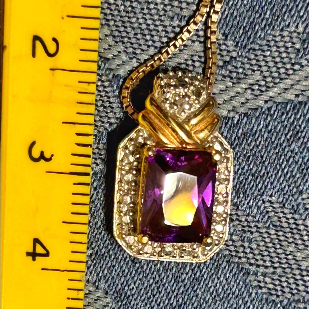 Stunning AMETHYST & GOLD FILLED STERLING SILVER NECKLACE PENDANT & CHAIN STAMPED